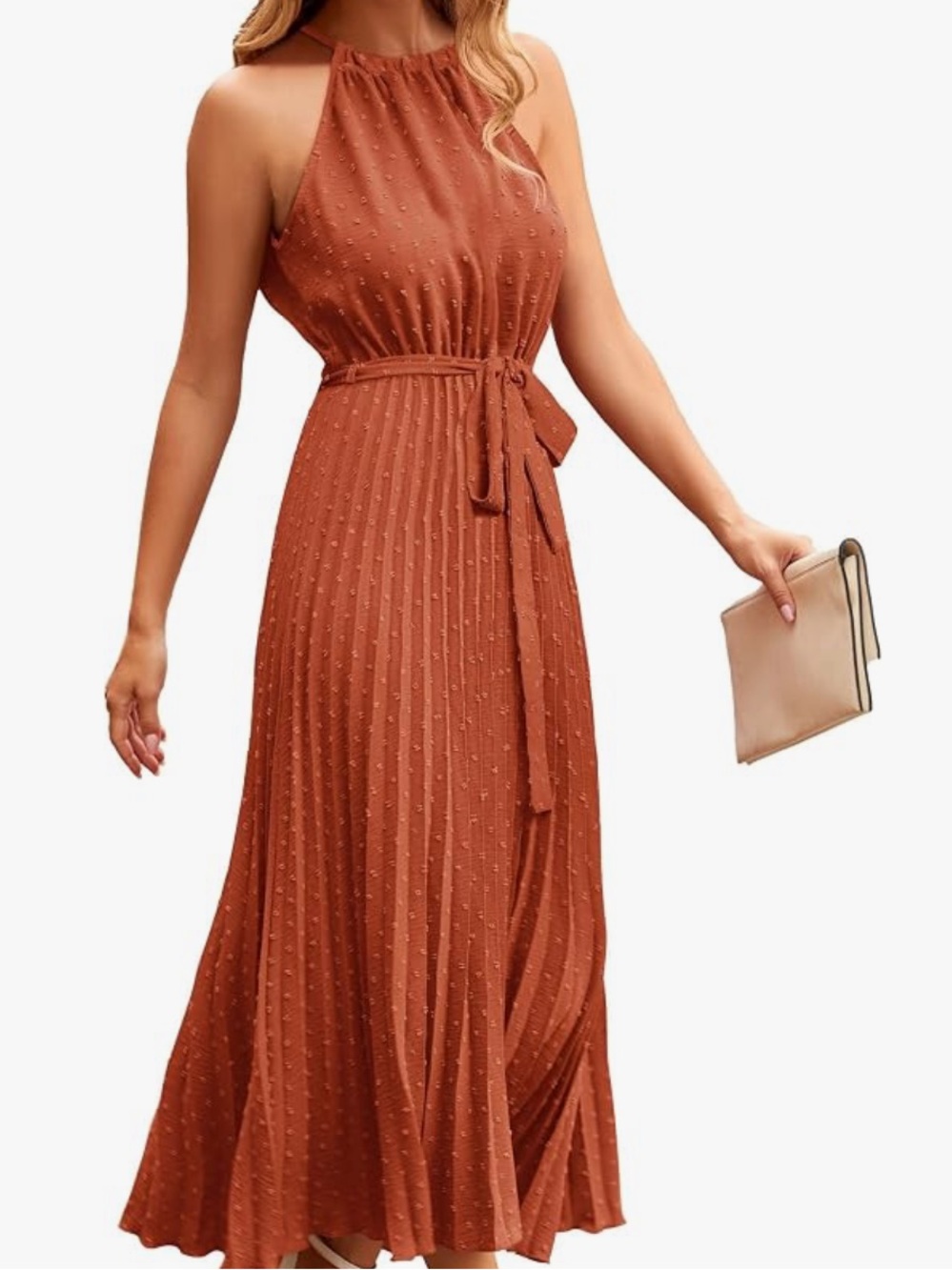 Halter Neck Rust Maxi Dress with Tie Waist